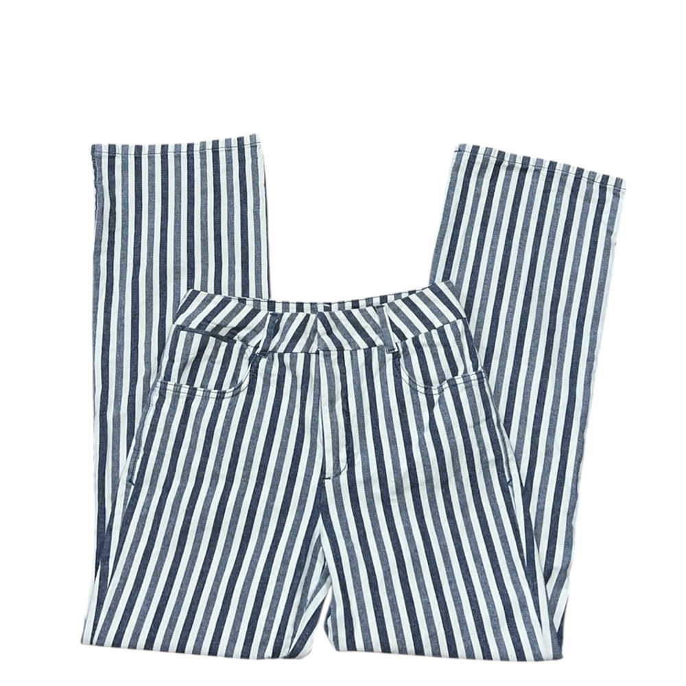 Blue and white striped high-waisted trousers